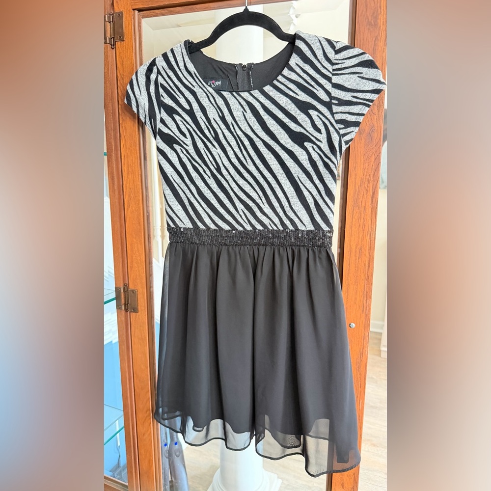 Girls' Black Zebra-Print Skater Dress with Sheer Skirt